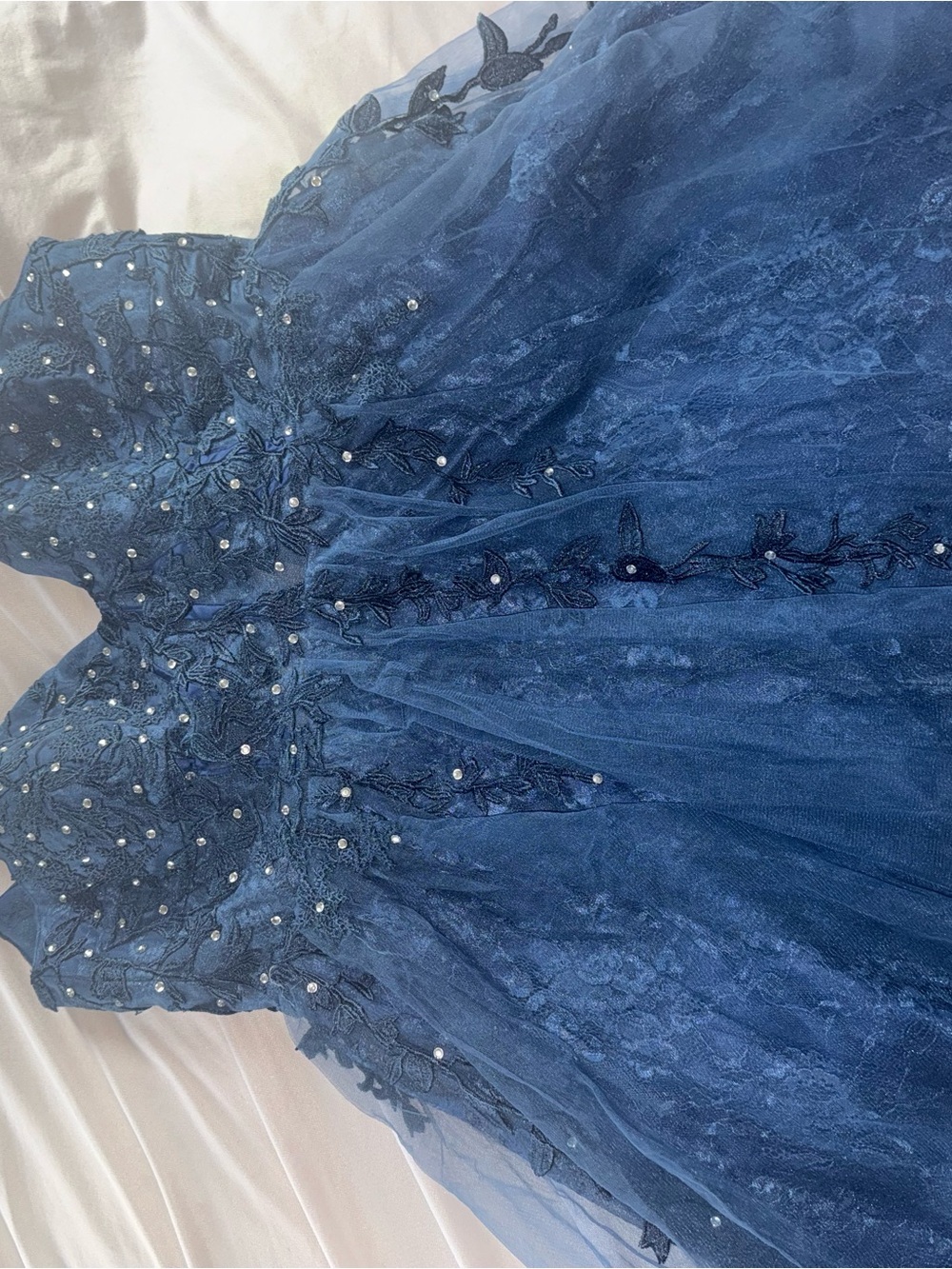 Navy Blue Beaded Lace Tulle Dress